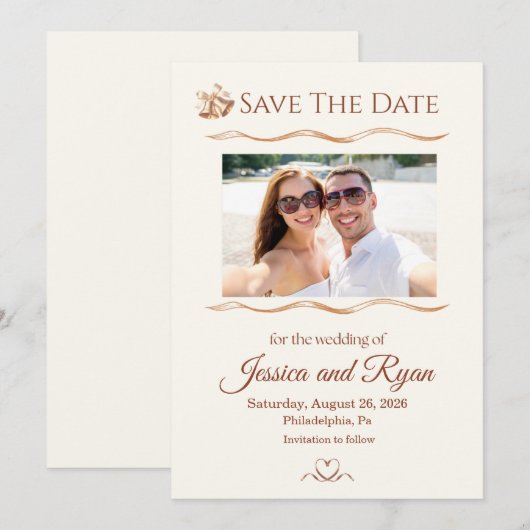 Wedding Bells with Photo Save the Date 招待状 (正面/裏面)