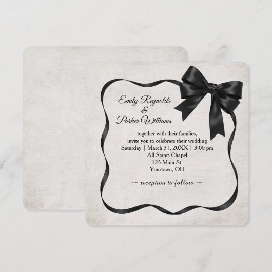Wedding Black Satin Ribbon Frame and Bow 招待状 (正面/裏面)