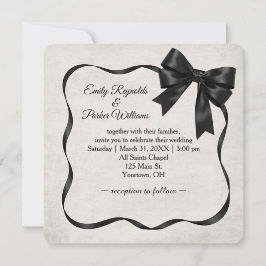 Wedding Black Satin Ribbon Frame and Bow 招待状 (正面)