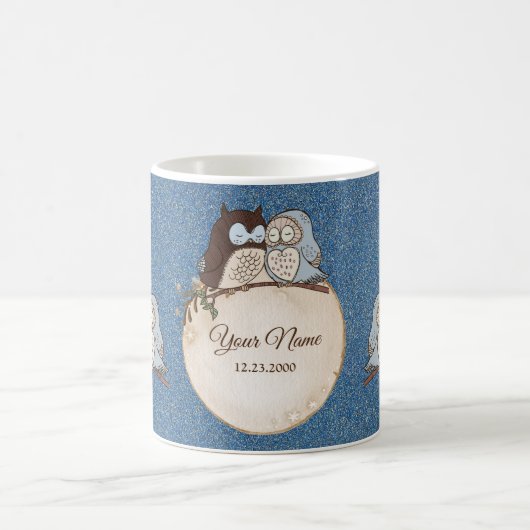 Wedding Blue Brown Owl Glitter Beautiful コーヒーマグカップ (中央)