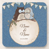 Wedding Blue Brown Owl Glitter Beautiful Beverage  コースター (正面)