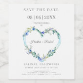 Wedding Blue Shades Floral Heart for Save the Date ワインラベル (シングルラベル)
