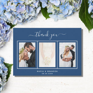 Wedding blue white photo script thank you card サンキューカード