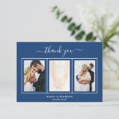 Wedding blue white photo script thank you card サンキューカード (スタンド正面)