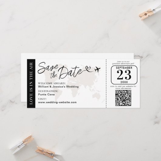 Wedding Boarding Pass Save The Date With QR Code カード (正面/裏面インサイチュ)