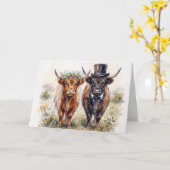 Wedding Bride and Groom Highland Cows カード (黄色い花)