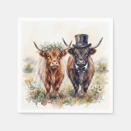 Wedding Bride and Groom Highland Cows スタンダードカクテルナプキン (正面)