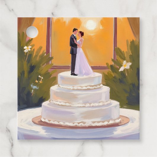 Wedding Cake Bride & Groom Brunette Watercolor フェイバータグ (正面)