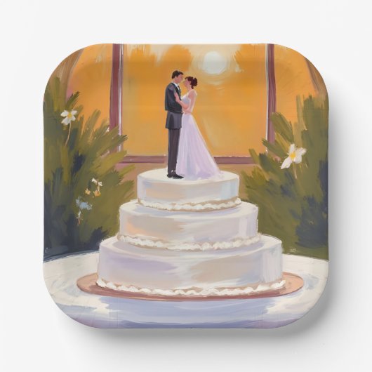 Wedding Cake Bride & Groom Brunette Watercolor ペーパープレート (正面)