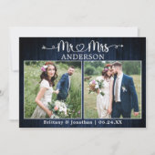 Wedding Calligraphy Heart Mr. Mrs. Blue Wood サンキューカード (正面)