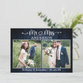 Wedding Calligraphy Heart Mr. Mrs. Blue Wood サンキューカード (スタンド正面)