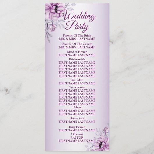 Wedding Ceremony Pink Floral Violet Purple Frame プログラム (裏面)