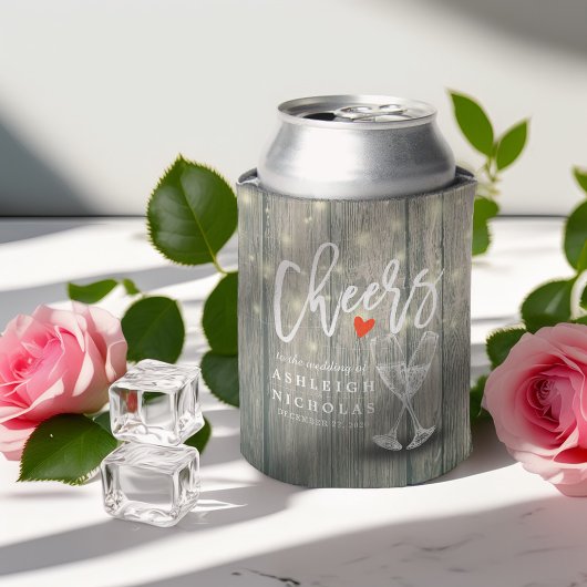 Wedding Champagne Glasses Rustic Wood String Light 缶クーラー