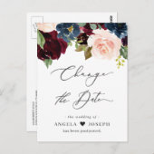 Wedding Change the Date Burgundy Blush Navy Floral ポストカード (正面/裏面)