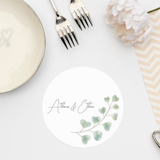 Wedding Coaster with Eucalyptus Leaves ラウンドペーパーコースター