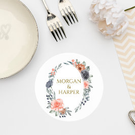 Wedding Coaster with Soft Peach & Blue Flowers ラウンドペーパーコースター