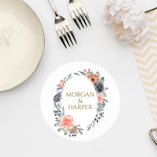 Wedding Coaster with Soft Peach & Blue Flowers ラウンドペーパーコースター