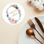 Wedding Coaster with Soft Peach & Blue Flowers ラウンドペーパーコースター