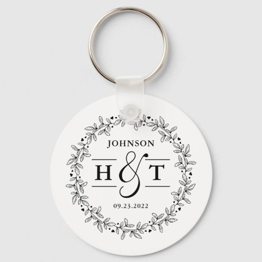 Wedding Couple Letter Monogram Floral Frame Round  キーホルダー (正面)