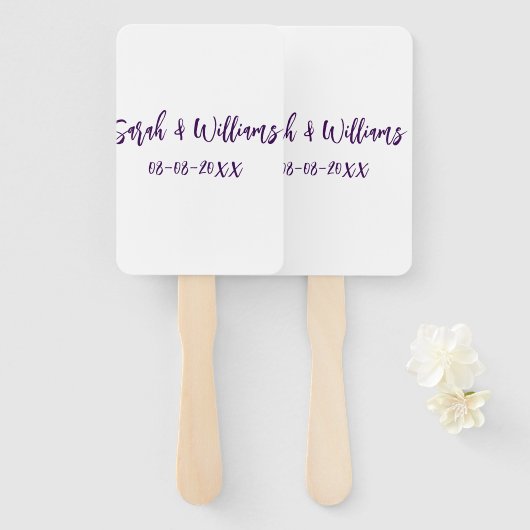 Wedding couple. Name date purple simple minimal mo ハンドファン (正面&裏面)