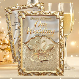 Wedding Cream Gold Swans Rings Gold Diamonds 招待状