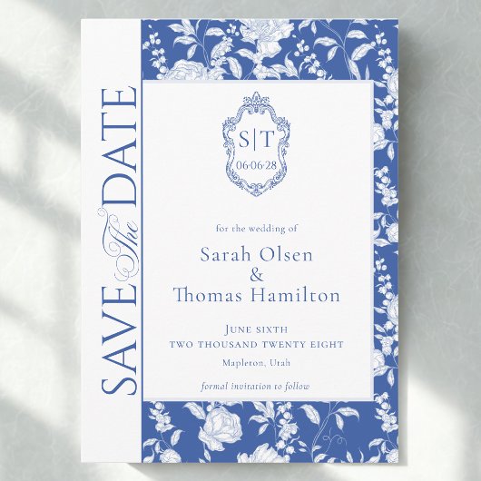 Wedding Crest Blue Chinoiserie Floral  セーブザデート