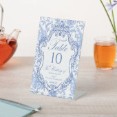 Wedding Crest Blue Floral Elegant Table Number 台座サイン (インサイチュ)