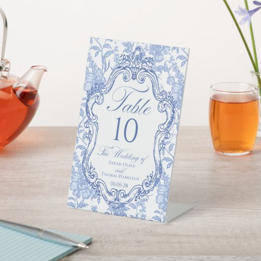 Wedding Crest Blue Floral Elegant Table Number 台座サイン (インサイチュ)