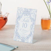 Wedding Crest Blue Floral Elegant Table Number 台座サイン (インサイチュ)