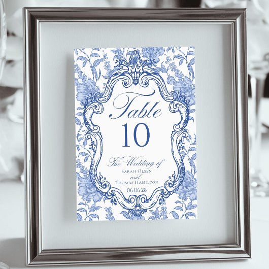 Wedding Crest Delft Blue Floral Elegant Script テーブルナンバー