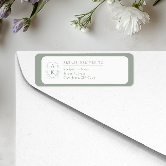 Wedding Crest Monogram Sage Green Return Address ラベル