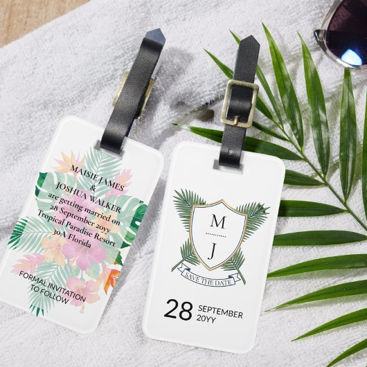 Wedding Crest Save the Date Palm and Hibiscus ラゲッジタグ