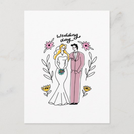 "Wedding Day" Whimsical Couple Illustration ポストカード (正面)