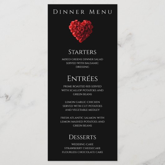 Wedding Dinner and Bar Menu-Heart Shaped Red Roses メニュー (正面)