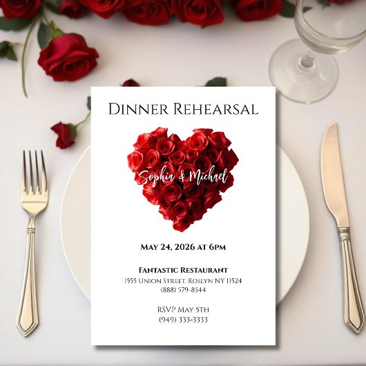 Wedding Dinner Rehearsal-Heart Shaped Red Roses- 招待状