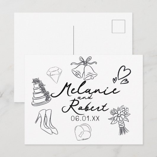 Wedding Doodle Save the Dates Wedding Anniversary シーズンポストカード (正面/裏面)