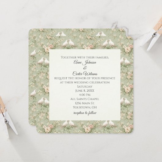 Wedding Doves and Sage Green Ribbons 招待状 (正面/裏面インサイチュ)