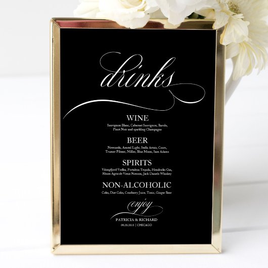 Wedding Drinks Bar Menu Sign Black And White ポスター