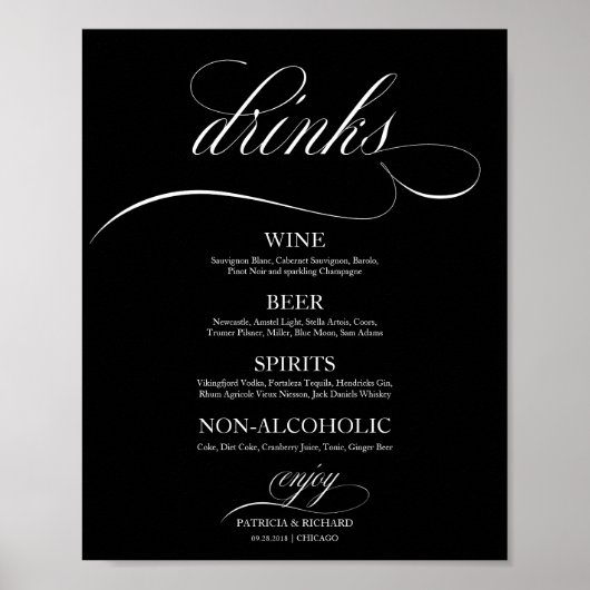 Wedding Drinks Bar Menu Sign Black And White ポスター (正面)