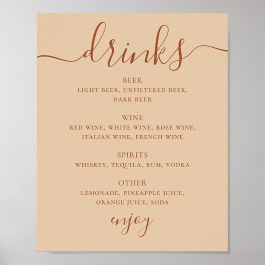 Wedding Drinks Script Menu Sign | Peach Sand Bar ポスター (正面)