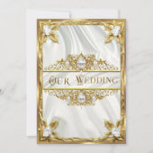 Wedding Elegant Gold Silk White Diamonds Gems 招待状 (正面)