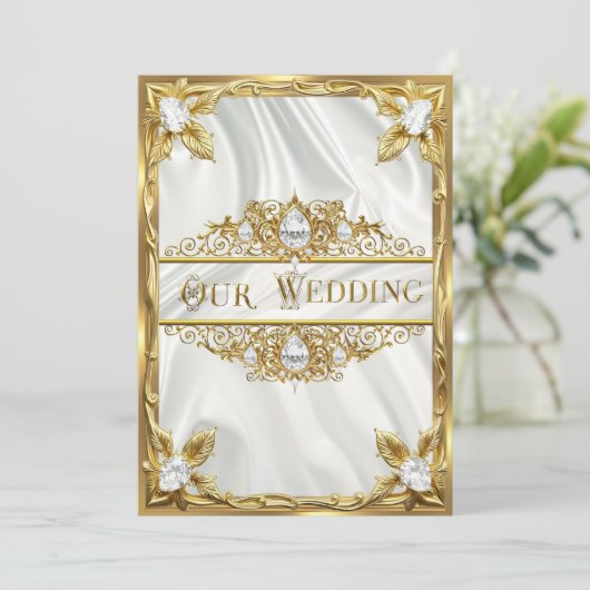 Wedding Elegant Gold Silk White Diamonds Gems 招待状 (スタンド正面)