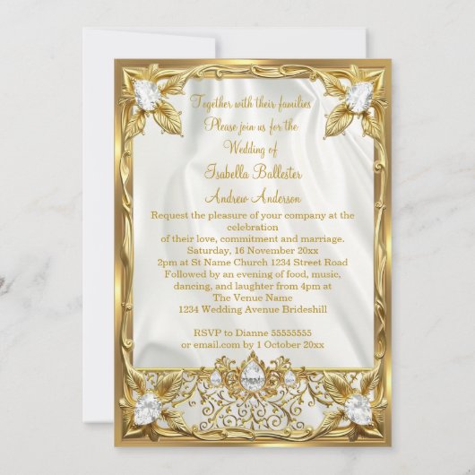 Wedding Elegant Gold Silk White Diamonds Gems 招待状 (裏面)