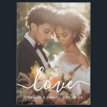 Wedding engagement photo love couples names date マグネット<br><div class="desc">Fridge magnet featuring your custom photo with white text overlay “love” in an elegant script font and the names and date below.</div>