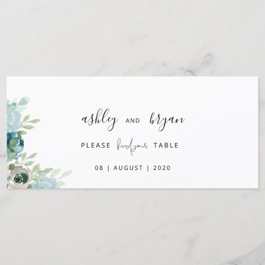 Wedding Find Your Table Dusty Blue Floral Card プログラム (正面)