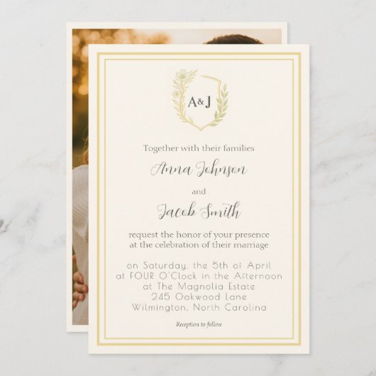 Wedding Floral Crest with Monogram and Photo 招待状 (正面/裏面)