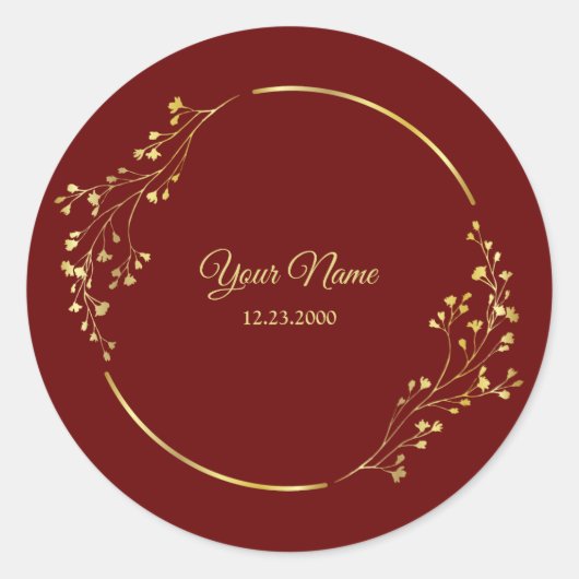 Wedding Golden Floral Geometric Wreath Red Party  ラウンドシール (正面)