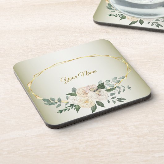 Wedding Greenery Leaves Pink Floral Gold Geometric コースター (左側)