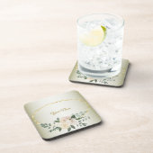 Wedding Greenery Leaves Pink Floral Gold Geometric コースター (右側)