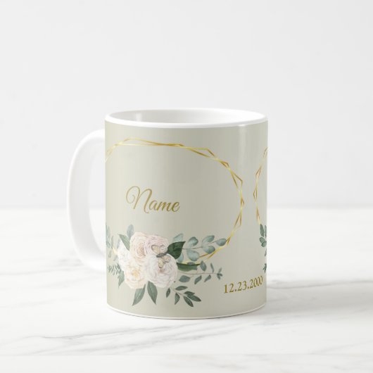 Wedding Greenery Leaves Pink Floral Gold Geometric コーヒーマグカップ (正面左)